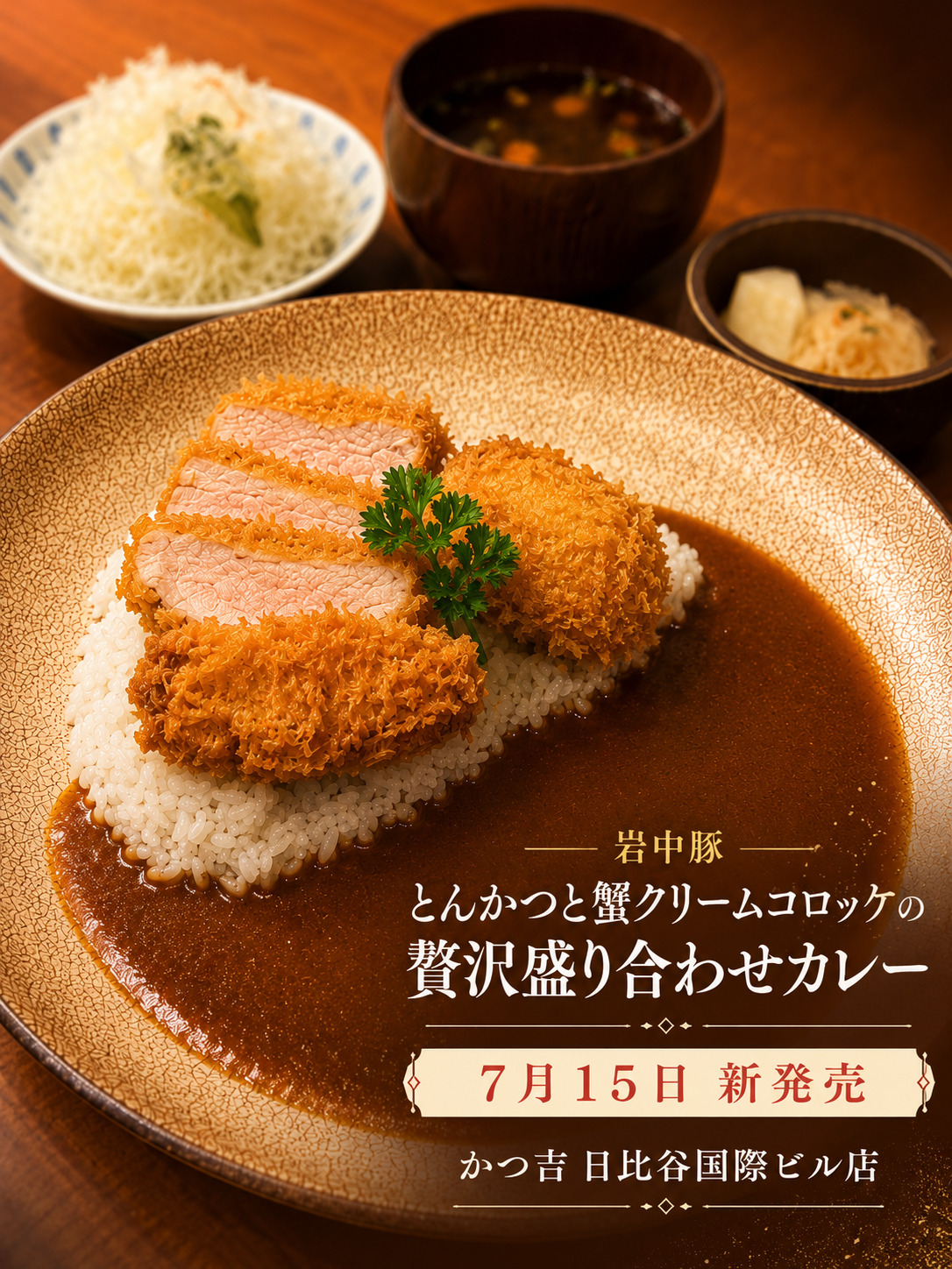 岩中豚とんかつと蟹クリームコロッケの贅沢盛り合わせカレー定食